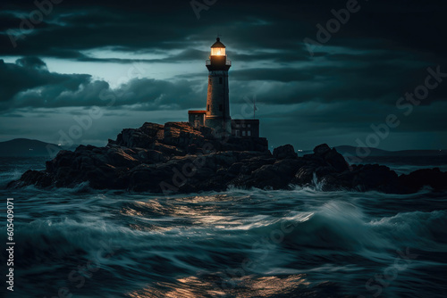 Working at night alone lighthouse on wild rocky island seashore. Generative AI