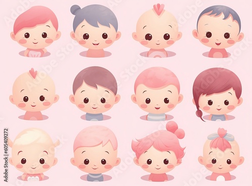 cute and minimal clip art illustrator baby , little boy , little girl in pink pastel color on plain background with high resolution.