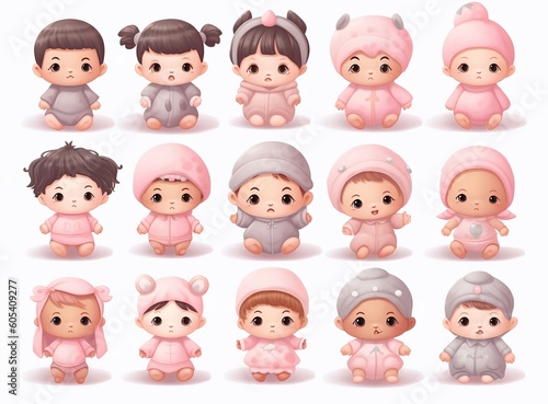 cute and minimal clip art illustrator baby , little boy , little girl in pink pastel color on plain background with high resolution.