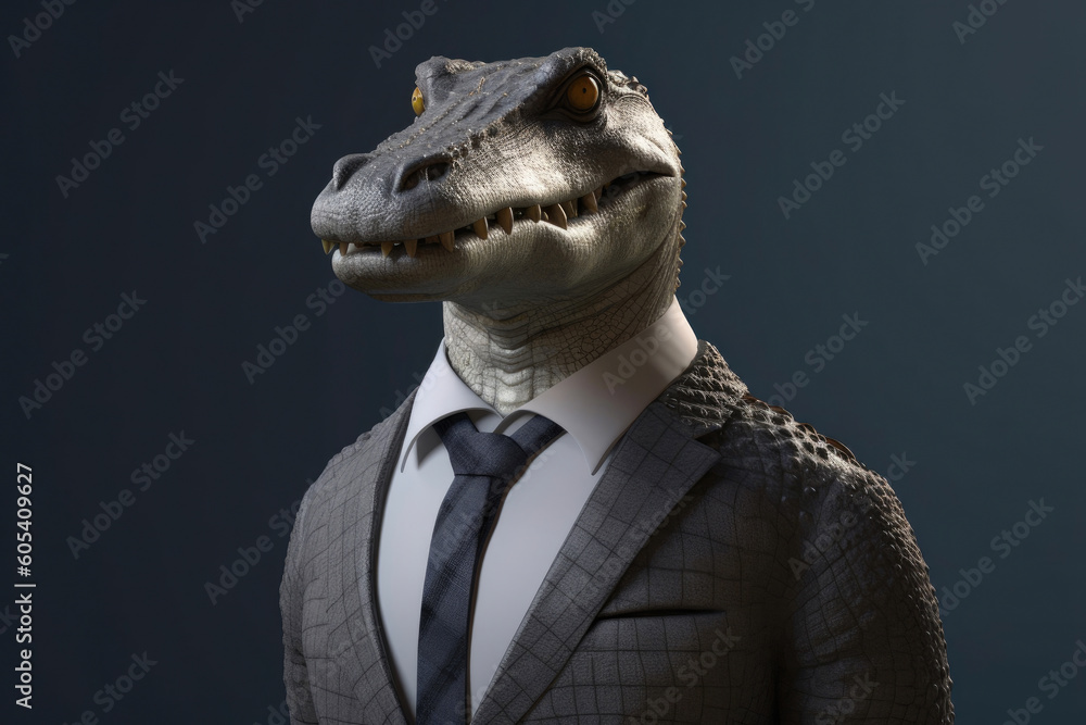 Business crocodile, grey background. Generative AI