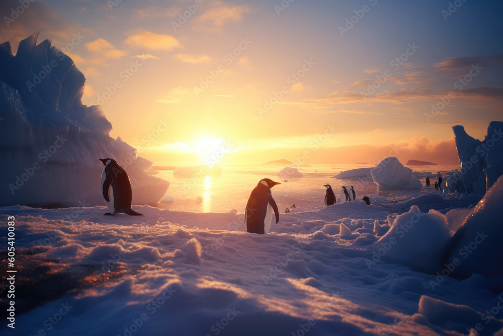 Fototapeta premium Penguins in arctic landscape on sunrise. Generative AI