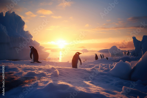 Penguins in arctic landscape on sunrise. Generative AI