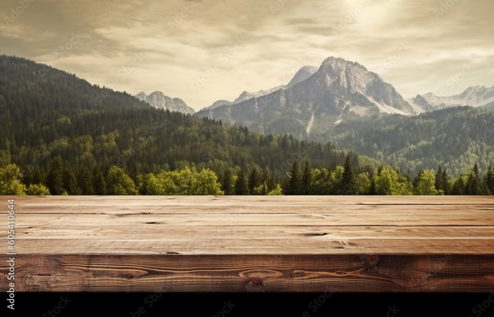 Wooden table with mountan landscape in the background, created with generative AI