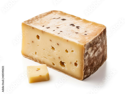 A cut wormy Kasu Marzu cheese, isolated on a white background