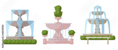 Set of illustrations of stone fountains with elements of greenery. Street decoration, architecture vector illustration isolated on white background.