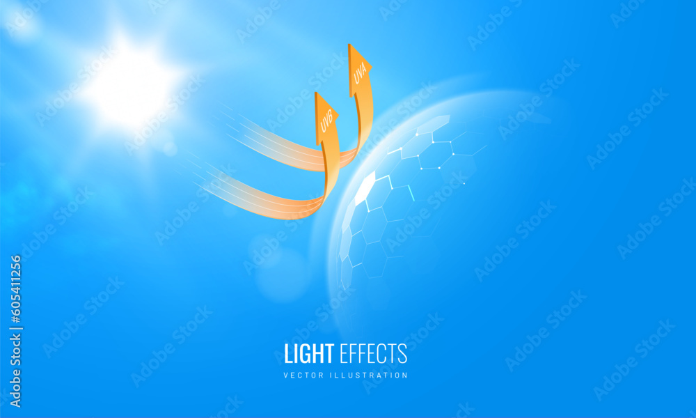Protected shield from the sun's rays - background for product. Force field prevents the penetration of sunlight. Degrees of protection against UV rays. Vector illustration - obrazy, fototapety, plakaty 