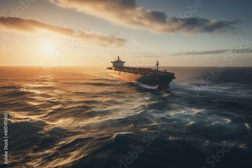 Large cargo vessel moving swiftly across open ocean. Generative AI