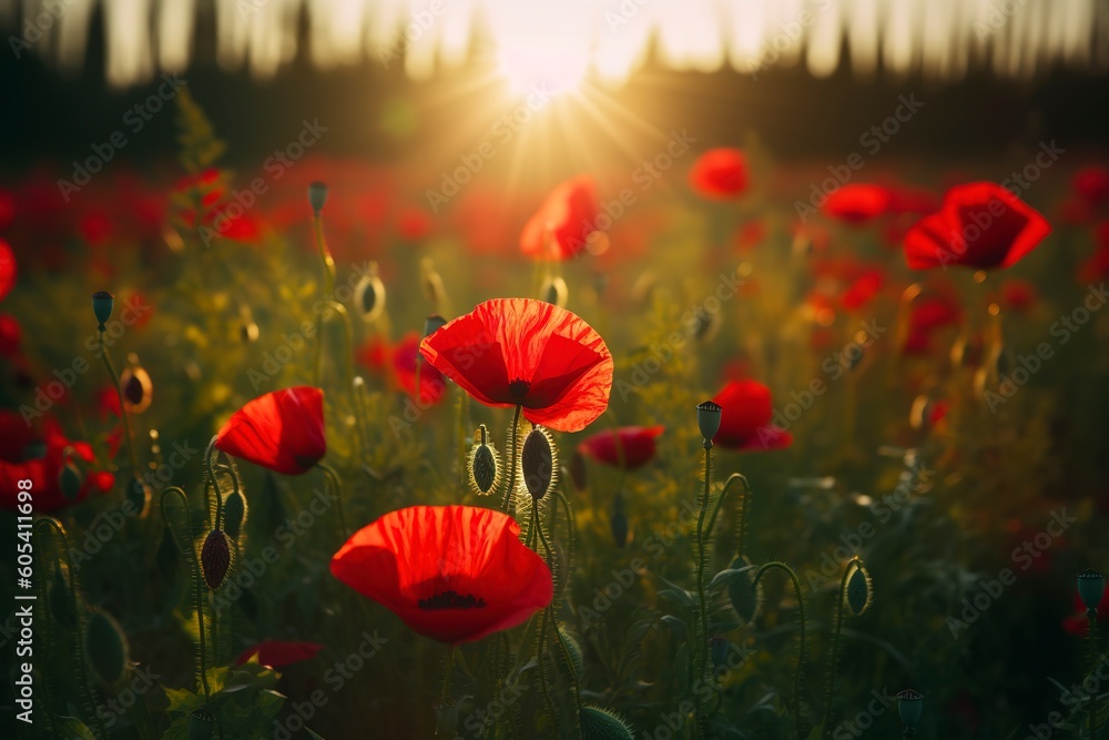Obraz premium Anzac Day memorial poppies. Field of red poppy flowers to honour fallen veterans soldiers in battle of Anzac armistice day. Wildflowers blooming poppy field landscape, generate ai