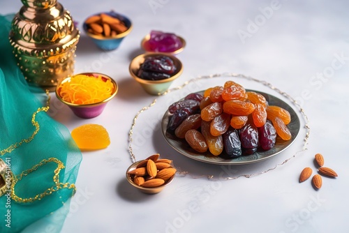 Eid al-Fitr holiday concept with sweet dried dates, fruits and decorations on bright background. Top view from above, generate ai