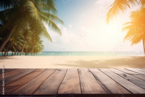Empty wooden table on a beautiful blured tropical beach background. Summer holiday background for product display, generate ai © MstAsma