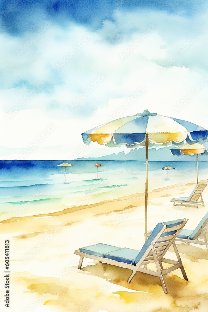 Beautiful beach banner. White sand, chairs, and umbrella travel tourism wide panorama background concept. Amazing beach watercolor landscape watercolor painting, generate ai