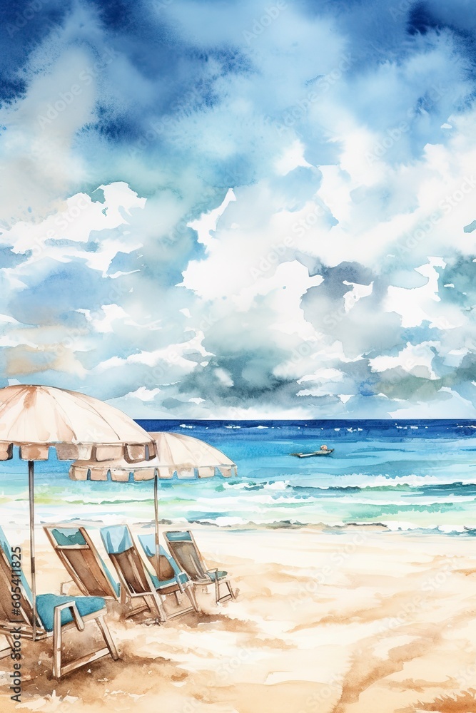 Beautiful beach banner. White sand, chairs, and umbrella travel tourism wide panorama background concept. Amazing beach watercolor landscape watercolor painting, generate ai