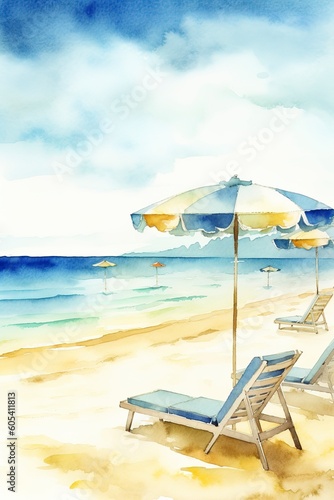 Beautiful beach banner. White sand  chairs  and umbrella travel tourism wide panorama background concept. Amazing beach watercolor landscape watercolor painting  generate ai