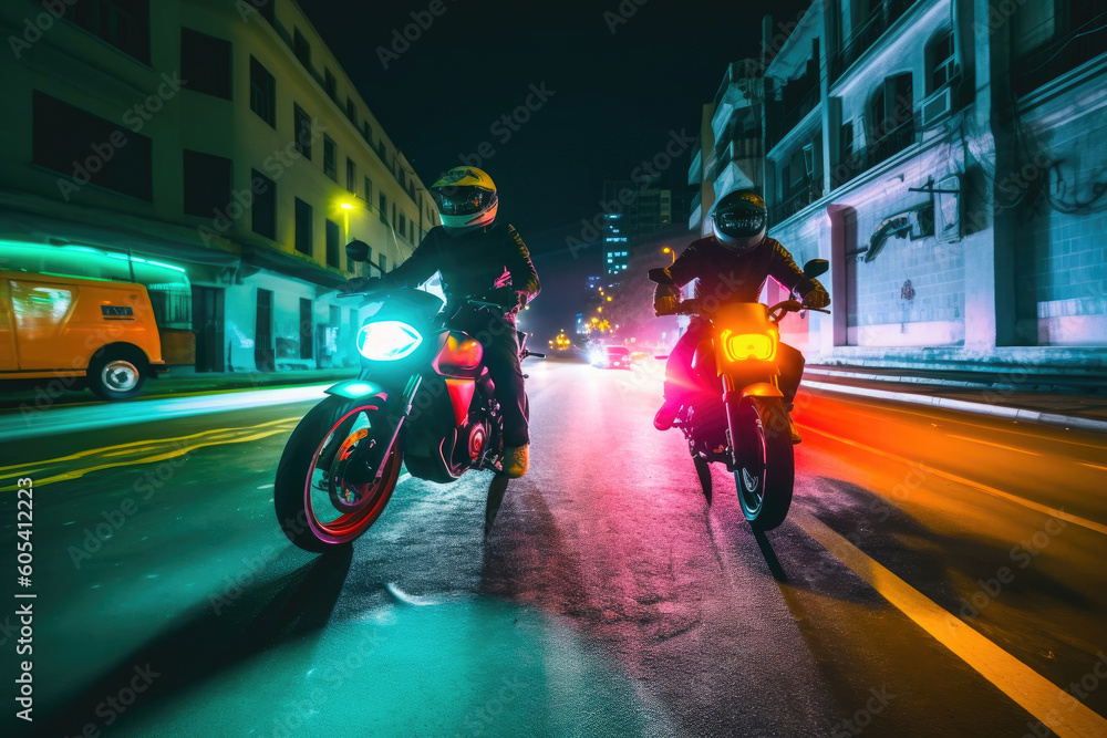 Two motorcycles street racing at night through a well-lit, colorful, city. Generative AI