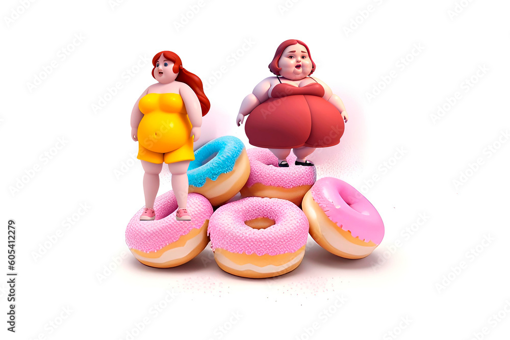 Fototapeta premium Overweight and sweets.Two plump women on a mountain of donuts. Harm of sweets and pastries.Emotional overweight womans and appetizing donuts set.ai generated Generative AI