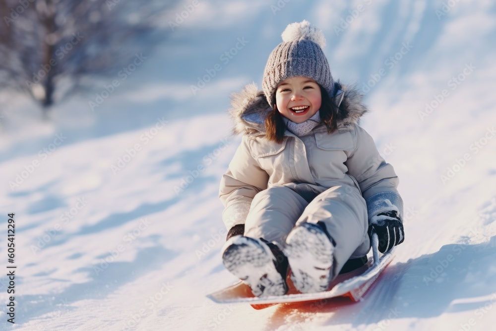 Happy girl sledding outdoors on clear winter day. Generative AI