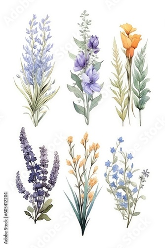 Botanic wallpaper with lavender watercolor bouquets  wildflowers  leaves  and branches.  Generative AI 