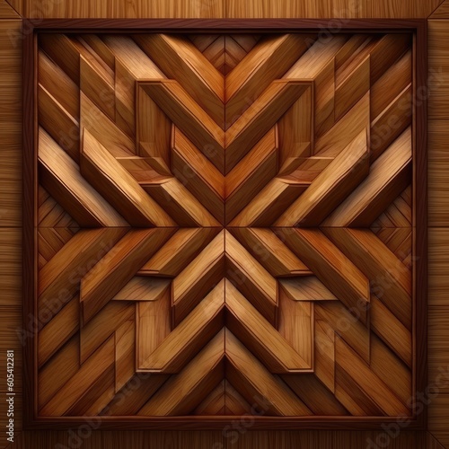 There is a 3D wooden pattern panel on a wooden background. (Generative AI)