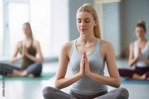 Pretty caucasian woman sitting cross legged with eyes closed in a yoga class. Generative AI