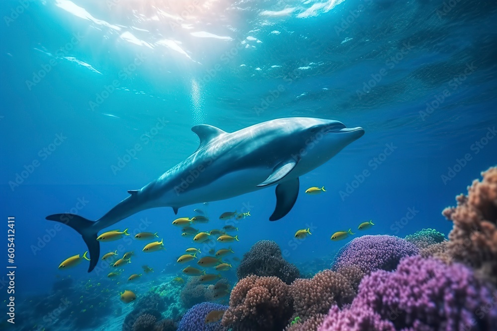 Obraz premium Dolphins swimming in the undersea, Beautiful Underwater and colorful coral in the wild nature of the Pacific Ocean, Generate Ai