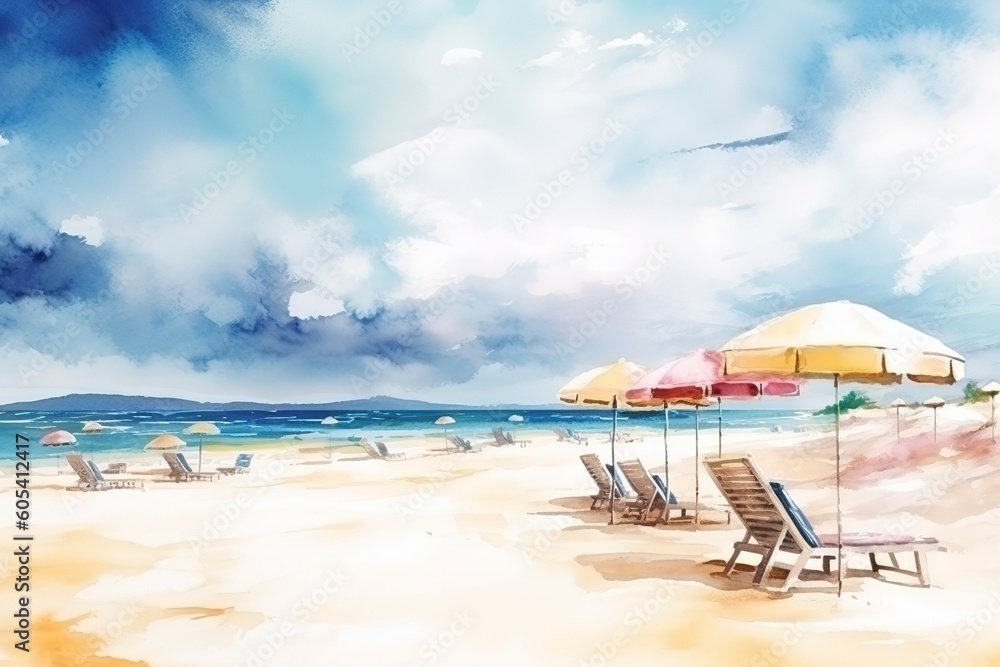 Beautiful beach banner. White sand, chairs, and umbrella travel tourism wide panorama background concept. Amazing beach watercolor landscape watercolor painting, generate ai Beautiful beach banner. White sand, chairs, and umbrella travel tourism wide panorama background concept. Amazing beach watercolor landscape watercolor painting, generate ai