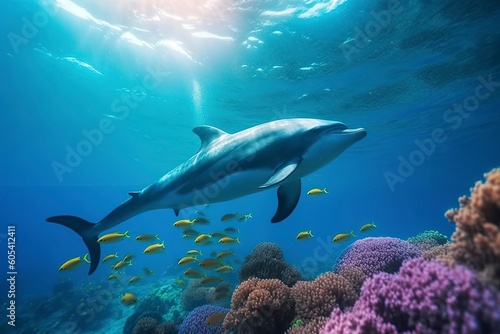 Dolphins swimming in the undersea, Beautiful Underwater and colorful coral in the wild nature of the Pacific Ocean, Generate Ai © MstAsma