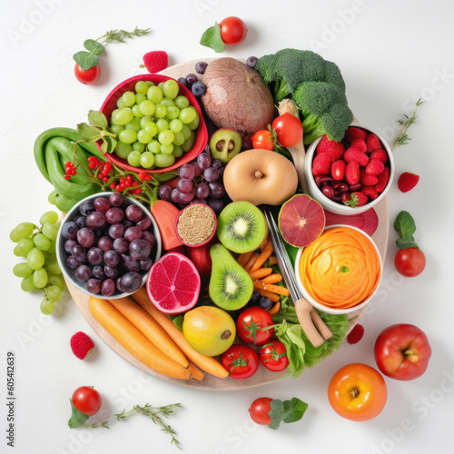 Filled with fresh and nutritious fruits and vegetables  this heart-shaped platter is perfect for those who prioritize a healthy and balanced diet. An ideal choice for a snack or meal. AI Generative.