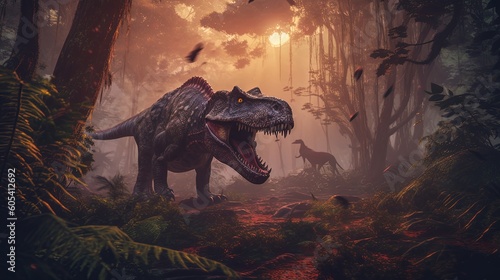 Majestic dinosaur in a fantasy landscape  Generative AI