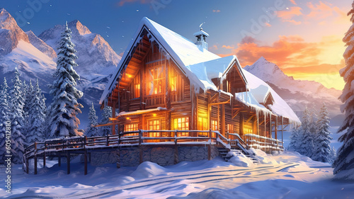 Chalet house in the mountains in winter. Generative ai
