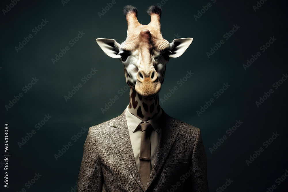 Human body with a giraffe head instead of a human head. Generative AI