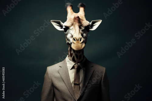 Human body with a giraffe head instead of a human head. Generative AI © AIproduction