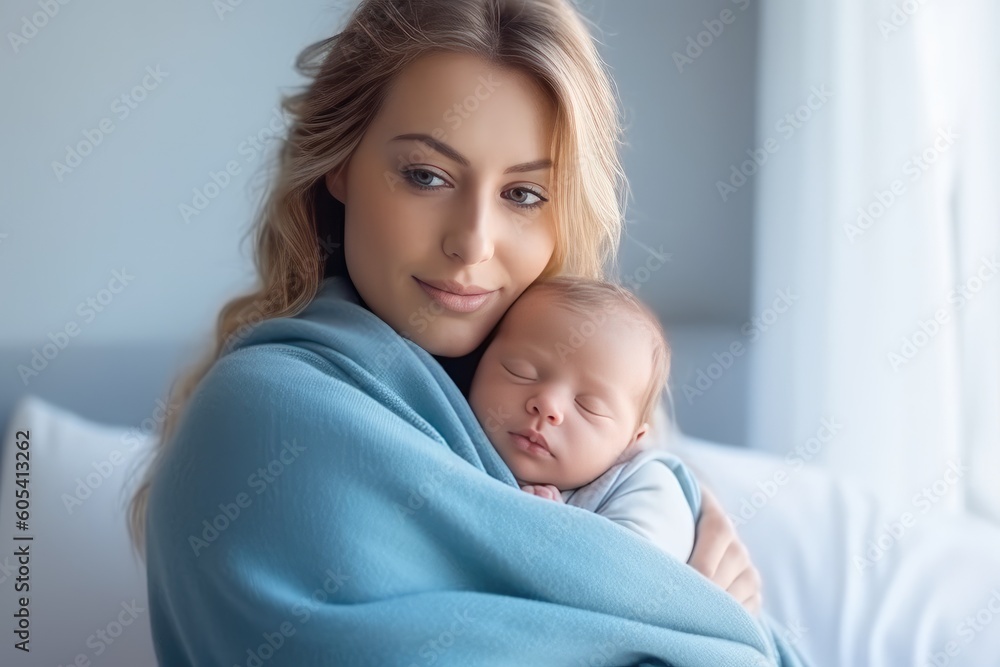 Woman holding adorable baby wrapped in blue blanket. Generative AI Woman holding adorable baby wrapped in blue blanket. Generative AI
