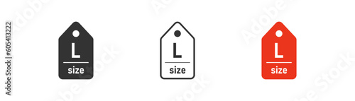 Label size L icon on light background. Clothes symbol. Measurement standart, large t-shirt, cloting tag, apparel. Outline, flat and colored style. Flat design. Vector illustration