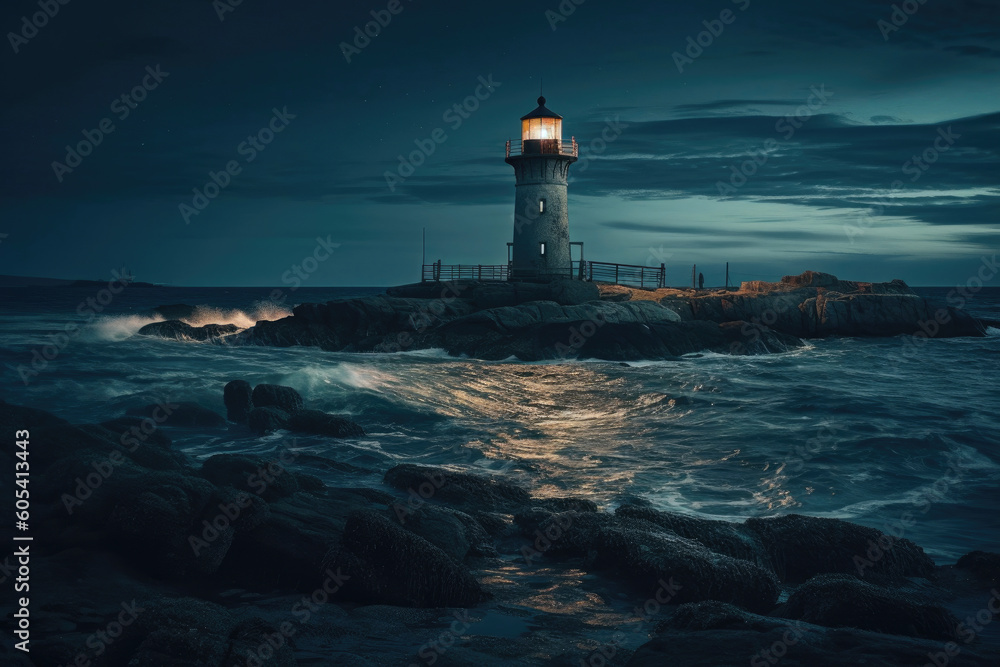 Beautiful night seascape with lighthouse at blue dark night. Generative AI