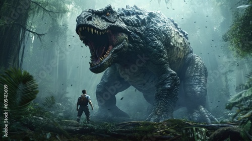 Dinosaur looking monster fighting a man, Generative AI