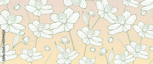 Beige gradient background with green flowers. Floral background for decor, wallpapers, covers, postcards