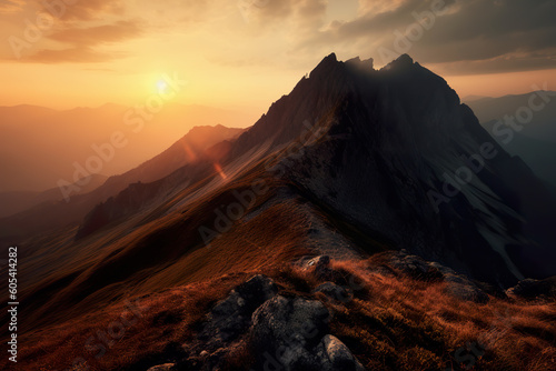 Mountain peak in atmospheric perspective in shades of blue. Sunset over a snowy mountain range. Mountain with snow in golden hour. Realistic 3D illustration. Generative AI