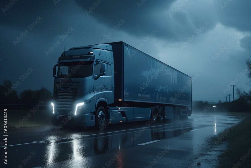 Innovative self-driving truck transporting goods under a dramatic storm. Generative AI
