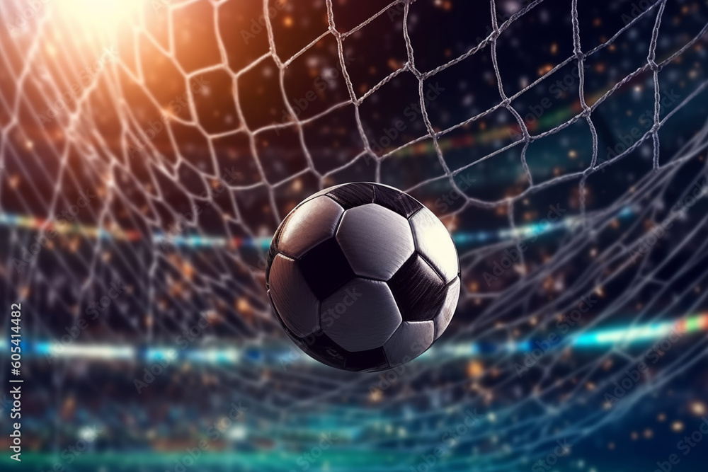 Naklejka premium Football in the goal net with the background of the stands and stadium floodlights. Concept of sports competitions, creative ai
