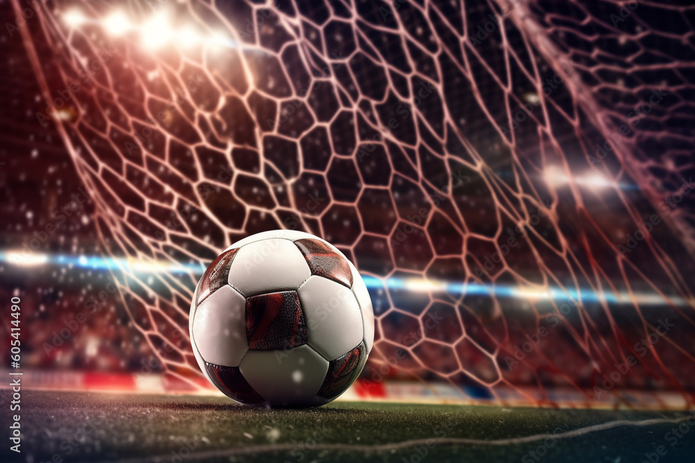 Fototapeta premium Football in the goal net with the background of the stands and stadium floodlights. Concept of sports competitions, creative ai