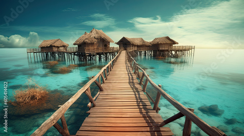 Water Villas  Bungalows  and wooden bridge at Tropical beach in the Maldives at summer day Generative AI