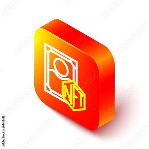 Isometric line NFT Digital crypto art icon isolated on white background. Non fungible token. Orange square button. Vector