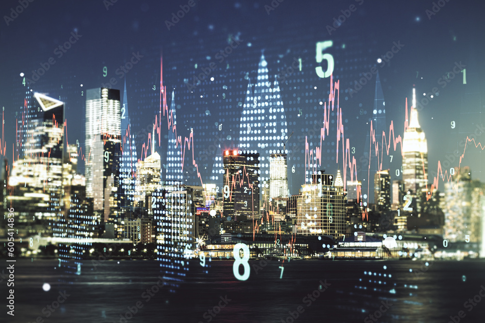 Fototapeta premium Multi exposure of virtual abstract financial graph interface on Manhattan cityscape background, financial and trading concept