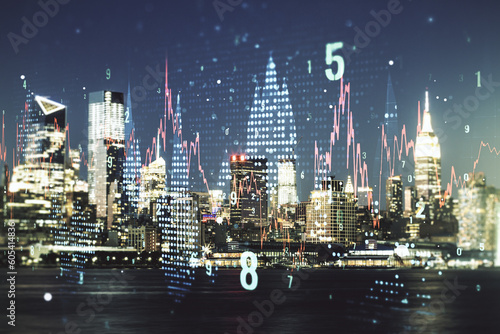 Multi exposure of virtual abstract financial graph interface on Manhattan cityscape background, financial and trading concept © Pixels Hunter