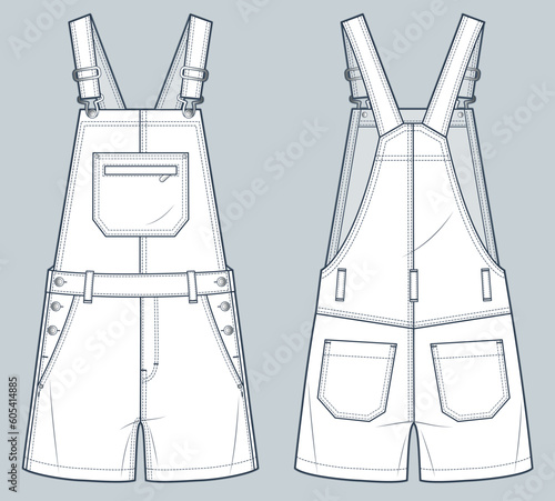 Denim Overalls fashion flat technical drawing template. Short Dungarees, Jumpsuit technical fashion illustration, pockets, relaxed fit, front and back view, white, women, men, unisex CAD mockup.