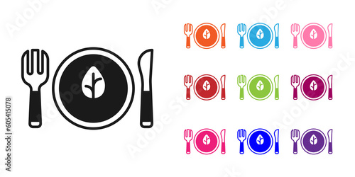 Black Vegan food diet icon isolated Black background. Organic, bio, eco symbol. Vegan, no meat, lactose free, healthy, fresh and nonviolent food. Set icons colorful. Vector