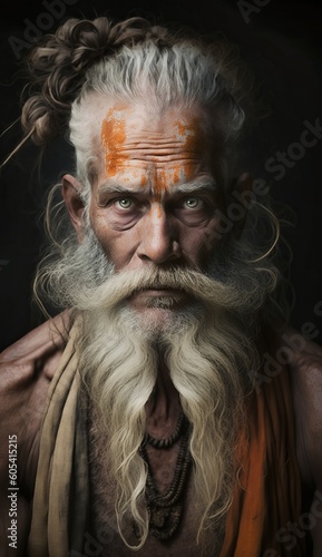 Sacred Gaze: Close-Up Portrait of an Old Hindu Sadhu with Traces of Body Paint. Generative AI