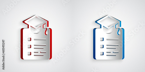 Paper cut Online education and graduation icon isolated on grey background. Online teacher on monitor. Webinar and video seminar learning. Paper art style. Vector