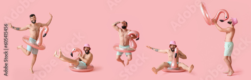 Collage of happy man in swi...