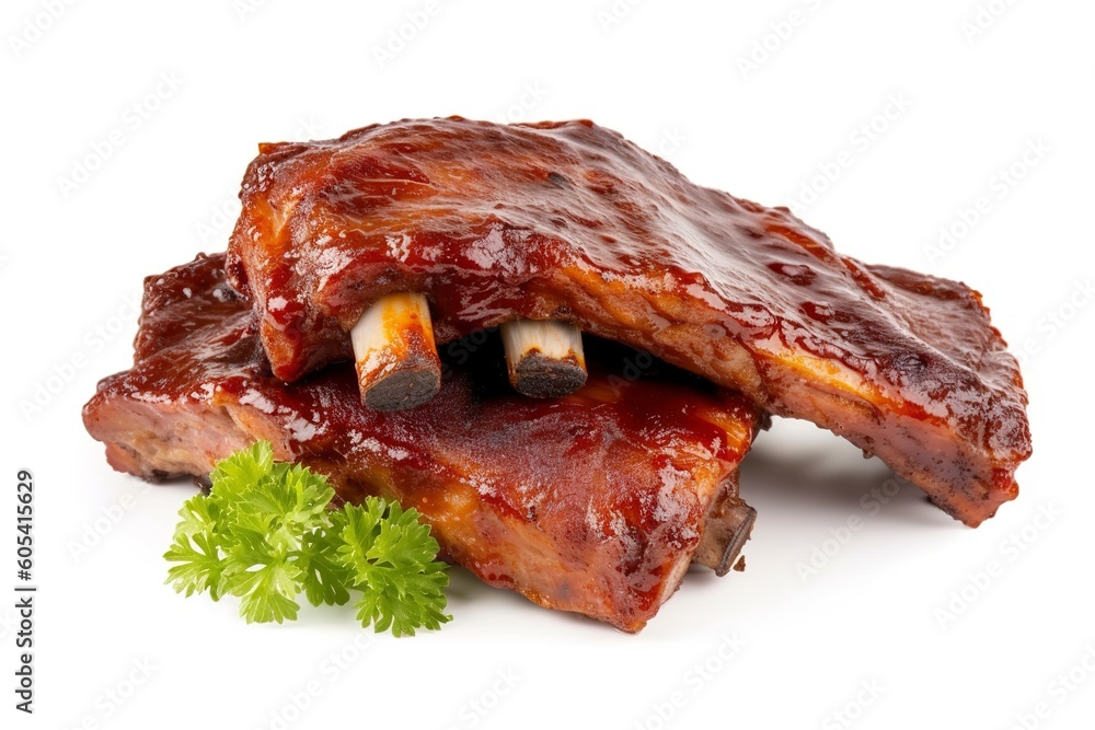 Delicious barbecued spare ribs. Tasty bbq meat, isolated on white background, generate ai Delicious barbecued spare ribs. Tasty bbq meat, isolated on white background, generate ai